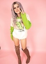 Cute pink dino Bailey Jay in high boots feeling horny today and getting a hard on imagining your cock in her ass
