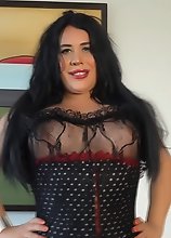 Voluptuous Tranny in Lace Bodystocking strokes and cums